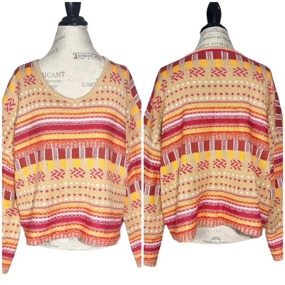Fate | Women | Autumnal Geometric Cozy Knit Boxy Relaxed V-Neck Sweater | Medium